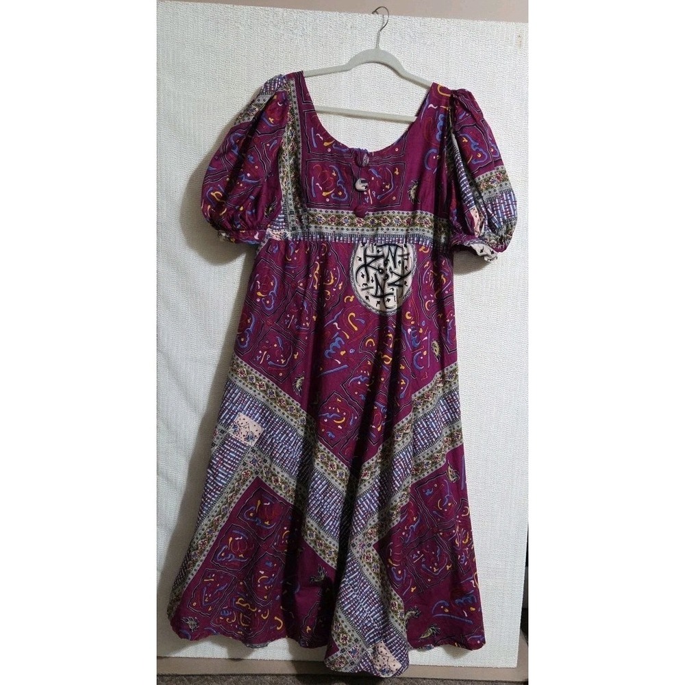 Artisan World Folk Dress Bohemian Global Print Cotton Empire Waist Maxi Handmade